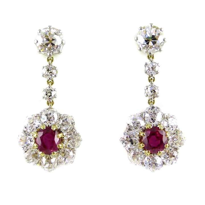 Pair of ruby and diamond cluster pendant earrings